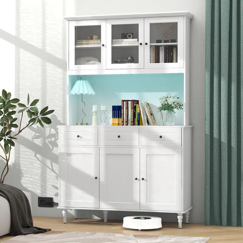 Tall kitchen food storage cabinet with LED lights and