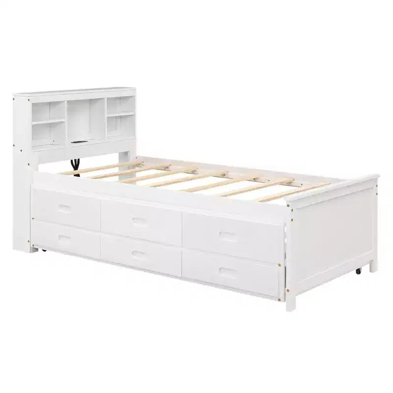 Platform Bed with Trundle and Drawers, Storage Platform Bed with USB, Wood Platform Bed with Bookcase