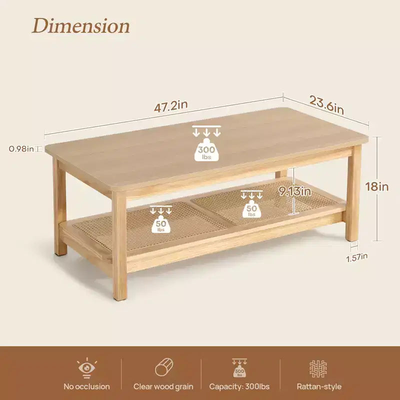 Bekrvio 47.2'' Boho Mid Century Modern Coffee Table, 2-Tier Rustic Rectangle Wood Center Table with Wood Legs & Rattan Shelf, for Living Room