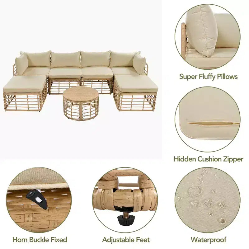 Whisen Weather-Resistant Rattan Outdoor Sectional Sofa Set Patio Couch Set with Thick Cushions and Pillows, Freely Combined Conversation Sets