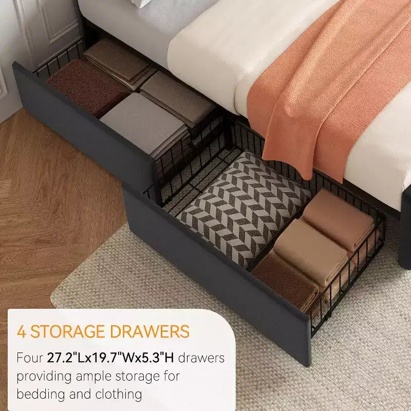 Storage Bed Frame with 4 Drawers & Adjustable Headboard - Upholstered Platform Bed