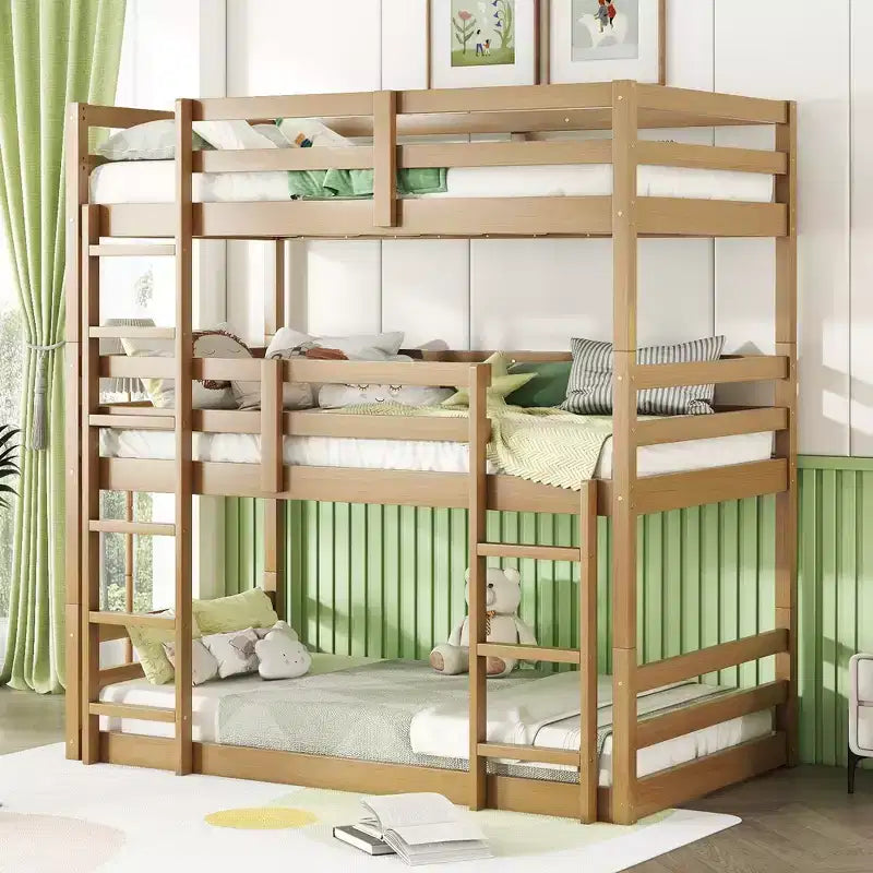 Rubberwood Detachable Triple Twin Bunk Bed with 2 Built-in Ladders and Guardrails