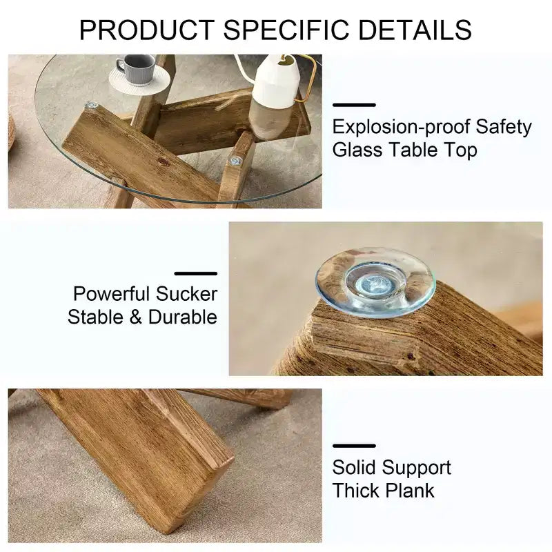 Okak Modern Circular Glass Coffee Table, Small Distinctive Design Tea Table Wood Legs for Living Room Reception Office Farmhouses