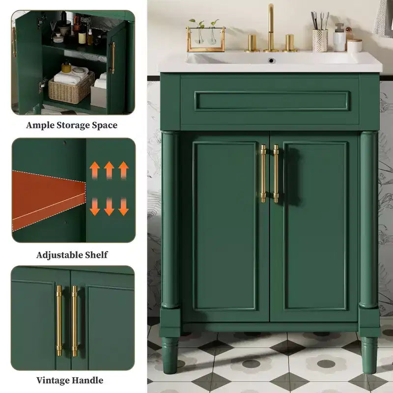 24 Bathroom Vanity with Ceramic Sink, Shaker Cabinet, 2 Soft-Close Doors, Solid Wood Frame for Small Bathroom or Powder Room
