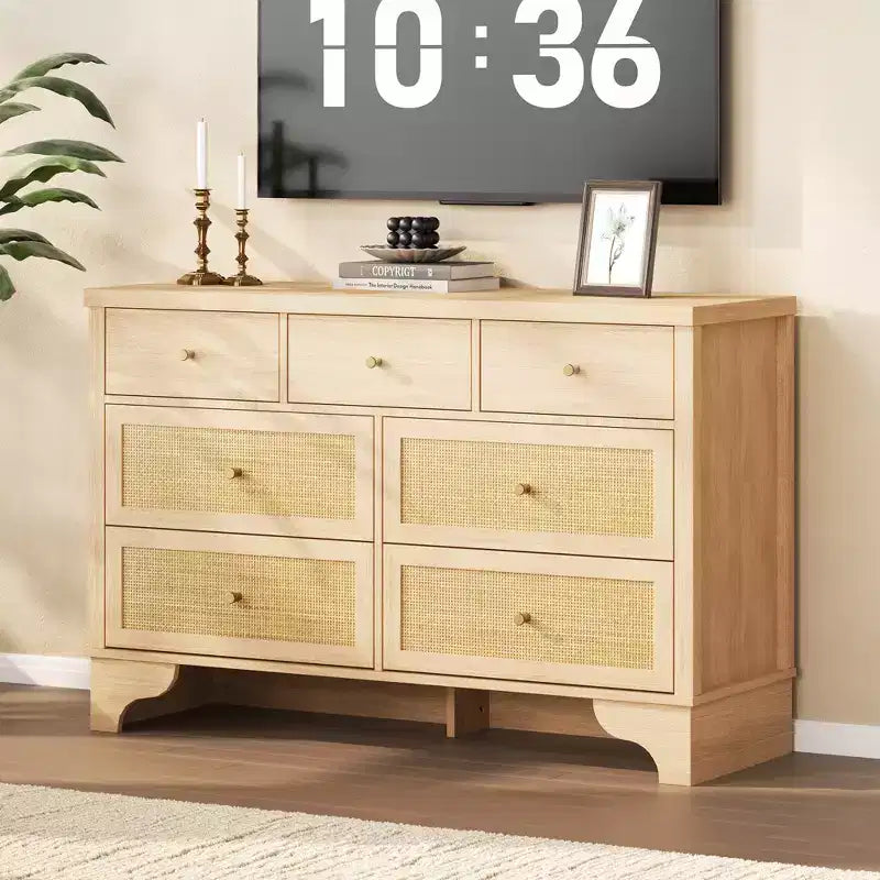 7 Drawer Dresser for Bedroom, 47.3 Wide Natural Rattan Chest of Drawers, Wood Boho Clothing Storage Organizer, for Living Room