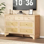 7 Drawer Dresser for Bedroom, 47.3 Wide Natural Rattan Chest of Drawers, Wood Boho Clothing Storage Organizer, for Living Room