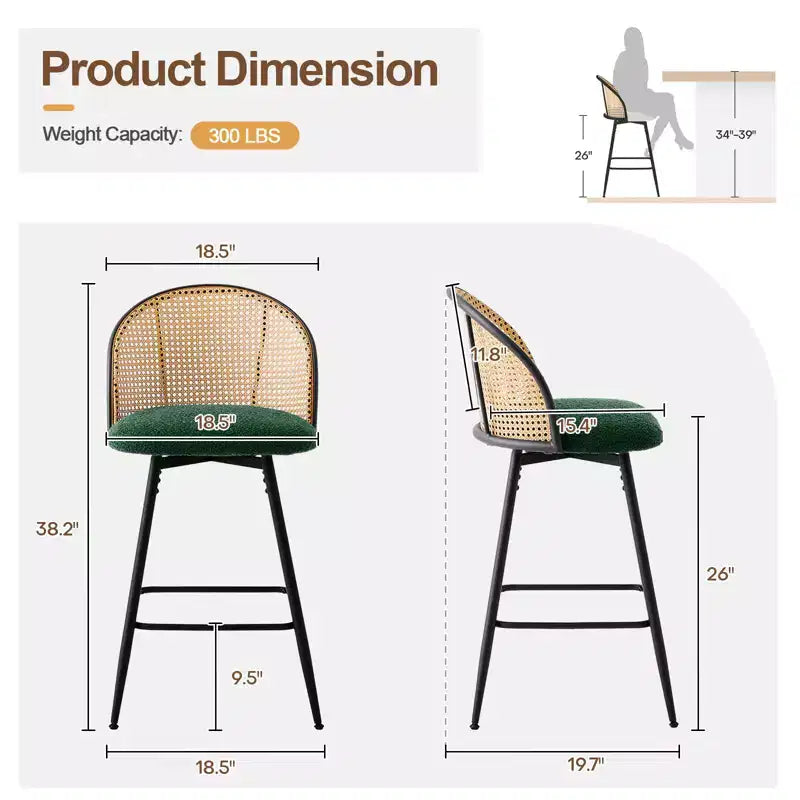 Bekrvio 26 Mid-Century Modern Swivel Bar Stools Set of 2/3/4, Boucle Upholstered Bar Chairs with Rattan Back & Metal Legs for Kitchen Counter