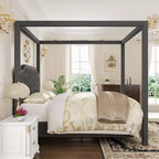 Queen Size Canopy Bed Frame with Poles 4 Corner Bed Bracket, Solid Wood Slats Support, No Box Spring Needed, Noise Free