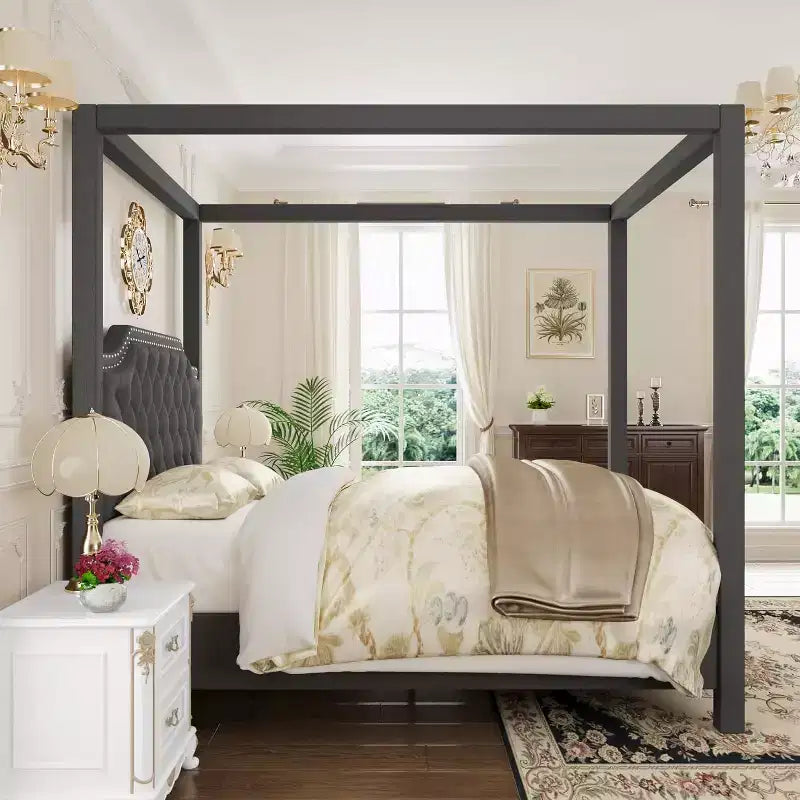 Queen Size Canopy Bed Frame with Poles 4 Corner Bed Bracket, Solid Wood Slats Support, No Box Spring Needed, Noise Free