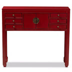 Table console Melodie à 6 tiroirs rouge - Baxton Studio : Inspiration antique, bois de bayur, poignées en bronze