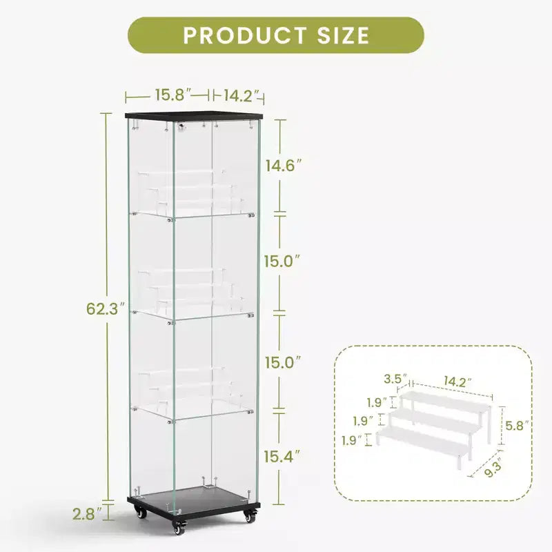 Okak Display Cabinet with Glass Door and Acrylic Shelves, Storage Cabinet with Lock and Wheels, Cabinet for Living Room, Bedroom