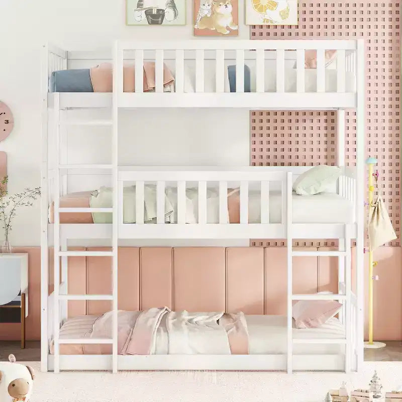 Twin Size Triple Rubber Wood Bunk Bed with Ladders & Guardrails, Detachable, White