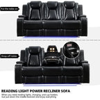 Power Reclining Sofa with Wireless Charger,Reading Light for Living Room,Faux Leather LED Light,AC/USB Port,Cup Holder,Black