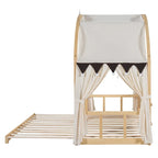 Solid Wood Playhouse Platform Bed Floor Montessori Bed Frame with Arched Roof and Trundle for Girls and Boys