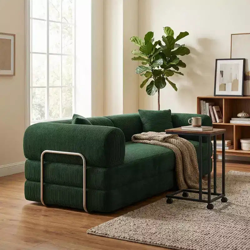 FurnitureR Convertible Sofa Bed with Rolling Side Table Set, Modern Corduroy Couch with Movable Snack Table for Living Room, Apartment, Small Space