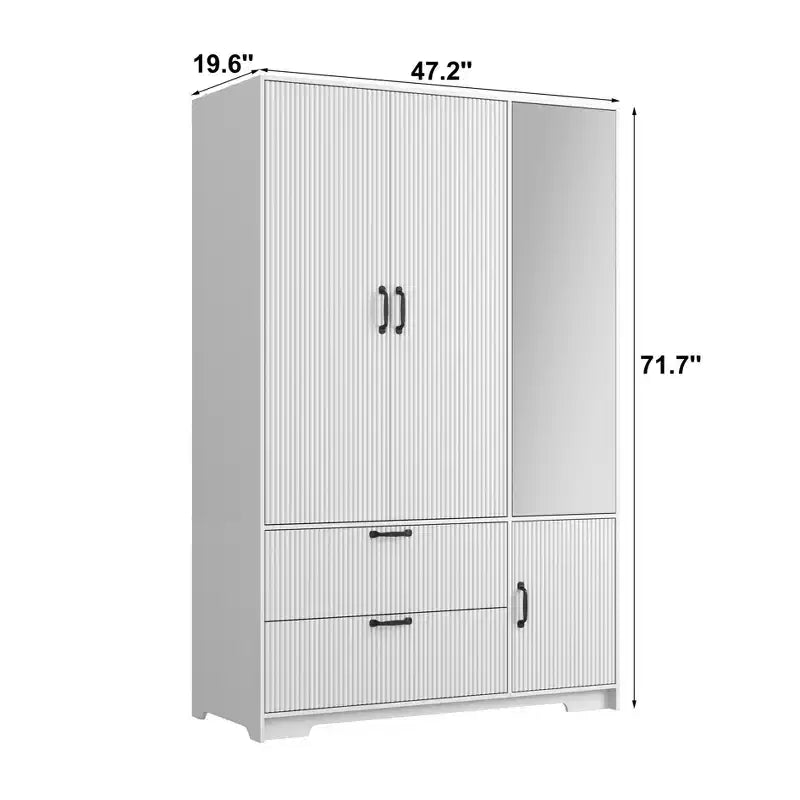 4 Doors White Wardrobe Closet with Mirror, LED Lights, 2 Drawers, Hanging Rod & Adjustable Shelves, Wooden Bedroom Storage Cabinet
