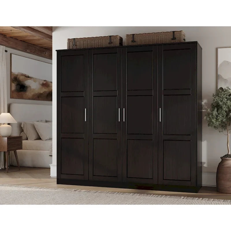 100% Solid Wood  4-Door Wardrobe with Solid Wood or Mirrored Doors