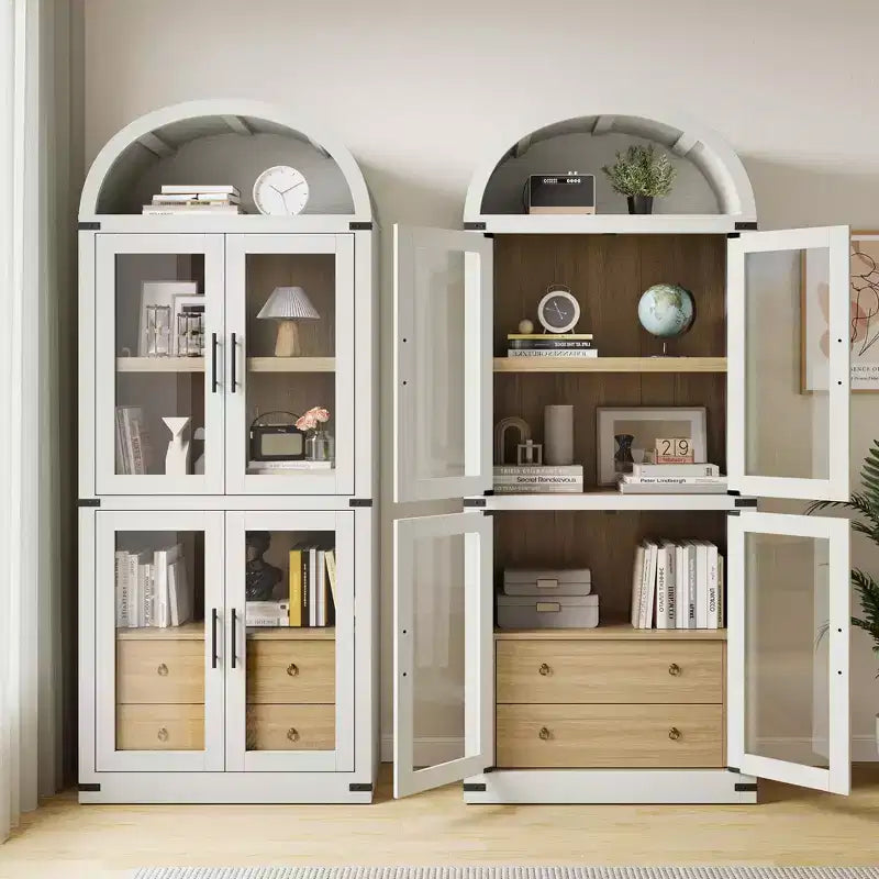 GustoWave 71.4 Tall Arched Bookcase with 4 Doors and 2 Drawers, 15.8 Depth Display Cabinet Storage Shelves ,Wooden Bookshelf