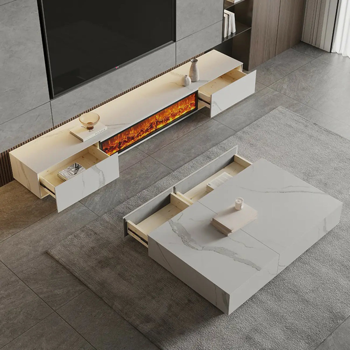87 Rectangle Black Electric Fireplace Stone TV Stand with Light