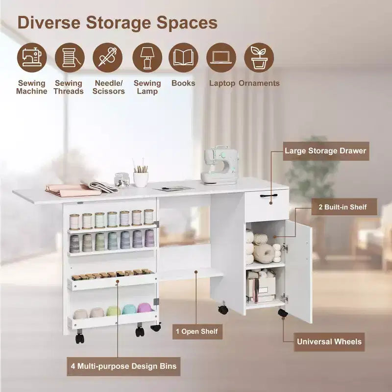 Folding Sewing Machine Table, Rolling Side Desk for Sewing Machine, Craft Station with Lockable Wheels for Home, Bedroom, Small Spaces