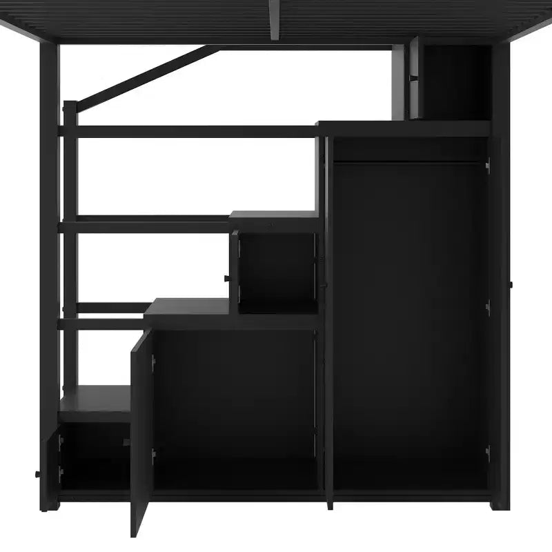Queen Size Metal Loft Bed with Storage Shelves, Cabinets and Wardrobe