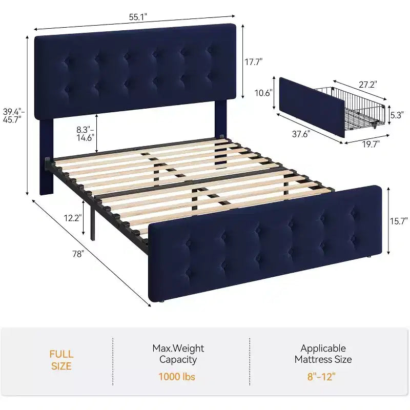 Storage Bed Frame with 4 Drawers & Adjustable Headboard - Upholstered Platform Bed