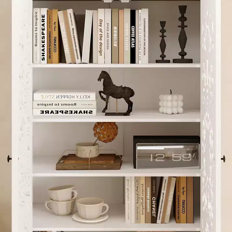 Famapy White Bookcase with Classic Aesthetics:Ornate Hollow Relief Doors & Versatile Storage