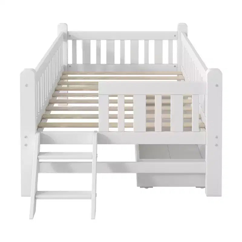 Whisen Twin Size Wood Platform Bed with Guardrail and 2 Drawers