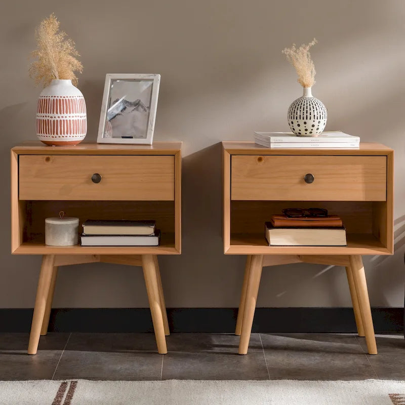 Set of 2 Mid-Century Solid Wood Nightstands with 1 Drawer, Bedroom Side Tables