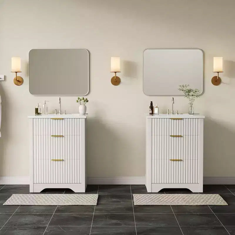 Modern Fluted Bathroom Vanity Set with Integrated Ceramic Basin Freestanding Bathroom Storage Vanity Cabinet with 3 Drawers for Contemporary Bathroom