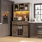 72 Inch Farmhouse Coffee Bar Cabinet with Wine Glass Rack, Large Kitchen Hutch with 3 Drawers and Sliding Barn Door, Tall Storage Cabinet for Home Bar