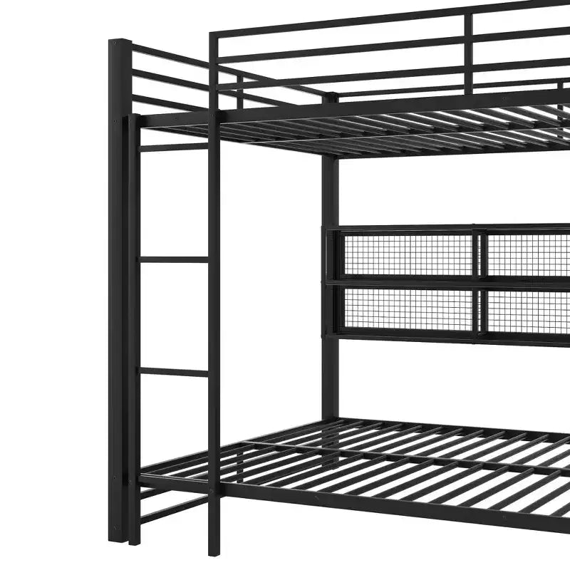 Metal Queen over Queen Bunk Bed with Storage Cabinets and LED, Black