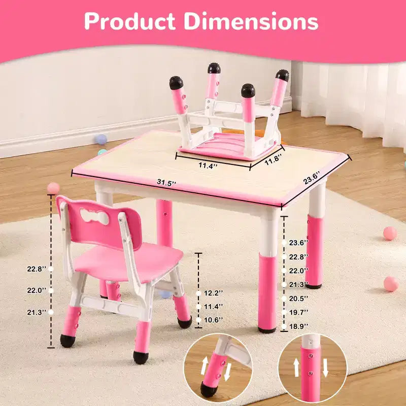 Children's table and 4 chairs, height-adjustable, doodle tabletop, multifunctional children's table and chair set for reading, drawing, dining