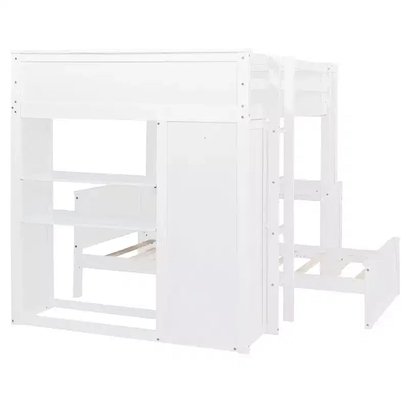 Luxystar Full over Twin L Shaped Bunk Bed with Desk, Bookcase and Wardrobe