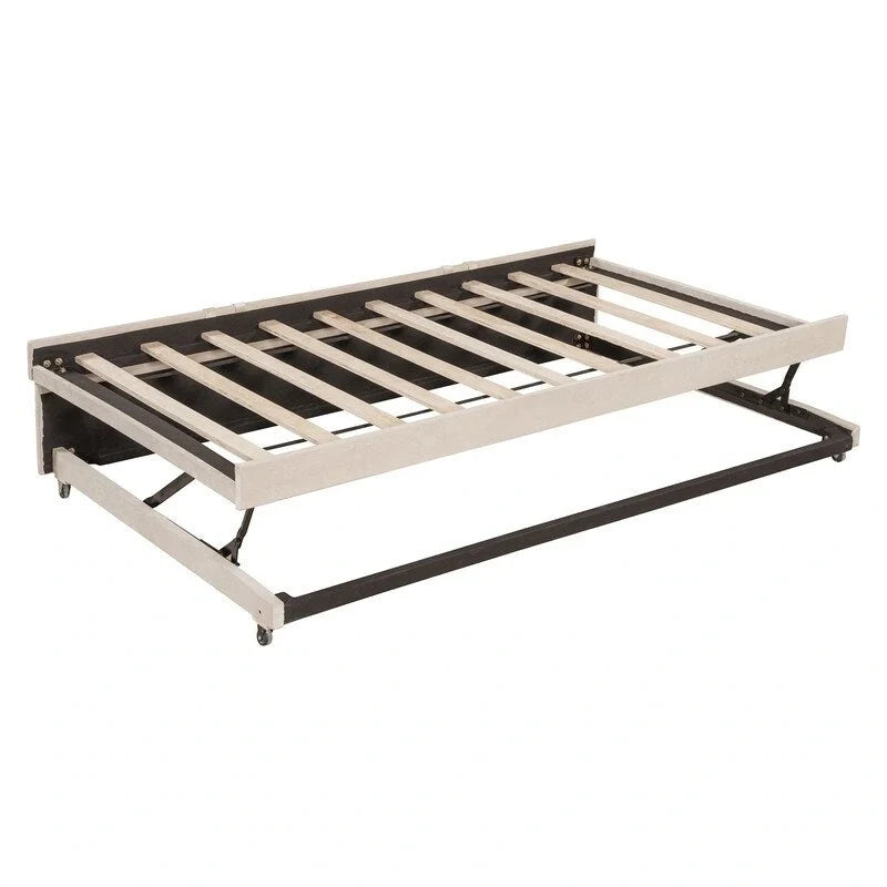 Upholstered Daybed with Twin Size Pop Up Trundle, Full Size Daybed Frame Sofa Bed with L-Shaped Backrest and Striped Design