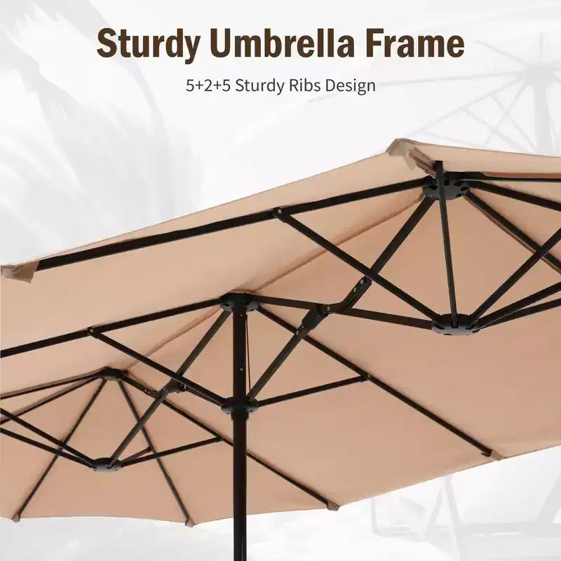 Captiva Designs 8pc Outdoor Patio Rectangle Steel Dining Table & Rattan Swivel Chairs & Beige Umbrella