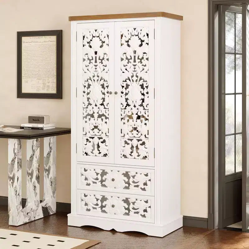 Famapy White Bookcase with Classic Aesthetics:Ornate Hollow Relief Doors & Versatile Storage
