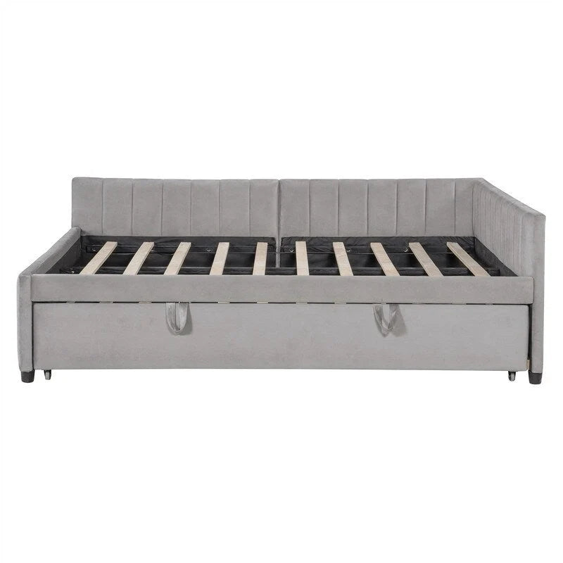 Upholstered Daybed with Twin Size Pop Up Trundle, Full Size Daybed Frame Sofa Bed with L-Shaped Backrest and Striped Design