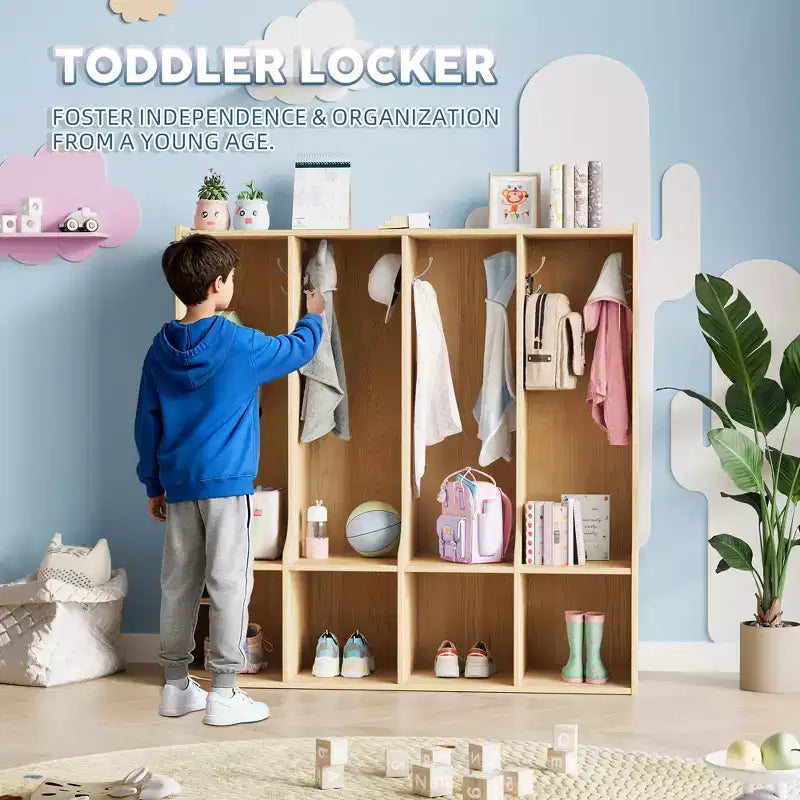 Acekool 4-Section Kids Coat Locker with 4 Cubbies & 8 Hooks for Classroom, Nursery & Home