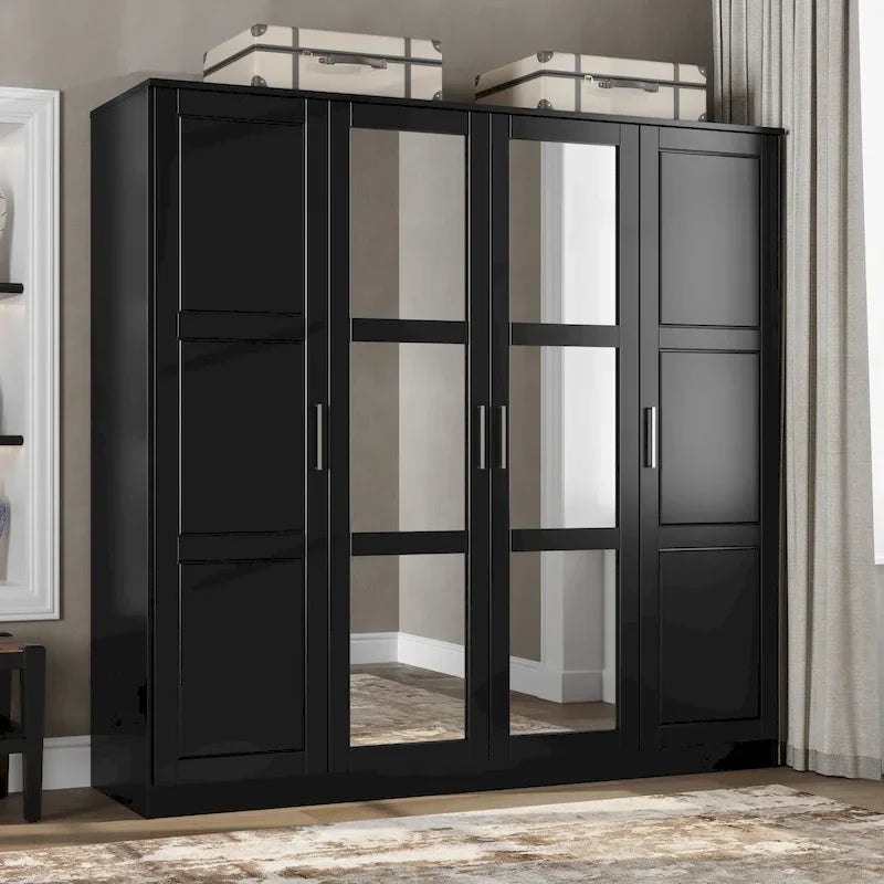 100% Solid Wood  4-Door Wardrobe with Solid Wood or Mirrored Doors