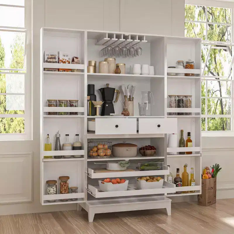 Pensili da Cucina con Finitura Venata Legno Bianco con Portabicchieri, Spazio Multi-Contenitore