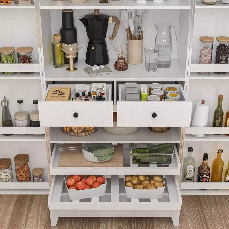 Pensili da Cucina con Finitura Venata Legno Bianco con Portabicchieri, Spazio Multi-Contenitore