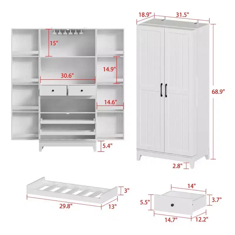 Pensili da Cucina con Finitura Venata Legno Bianco con Portabicchieri, Spazio Multi-Contenitore