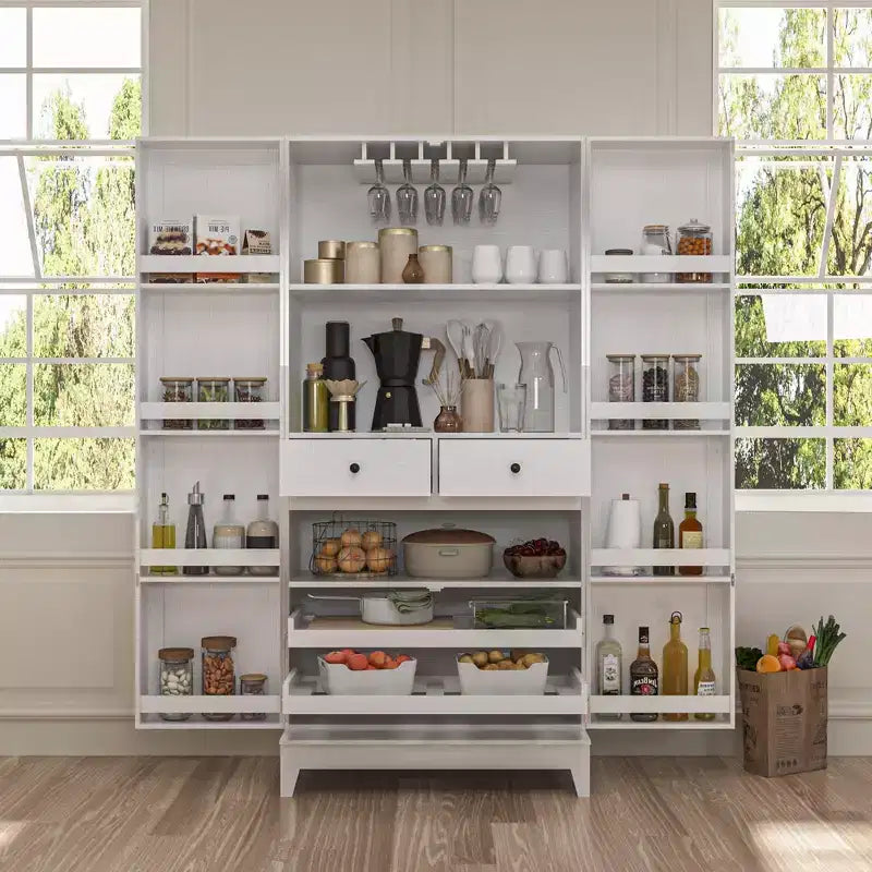 Pensili da Cucina con Finitura Venata Legno Bianco con Portabicchieri, Spazio Multi-Contenitore