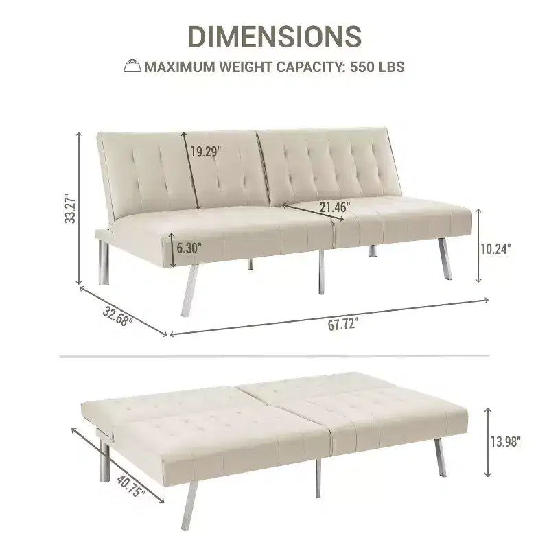 Divano Letto Futon trapuntato con schienale diviso, Divano Letto convertibile con gambe cromate