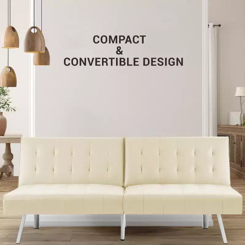 Divano Letto Futon trapuntato con schienale diviso, Divano Letto convertibile con gambe cromate