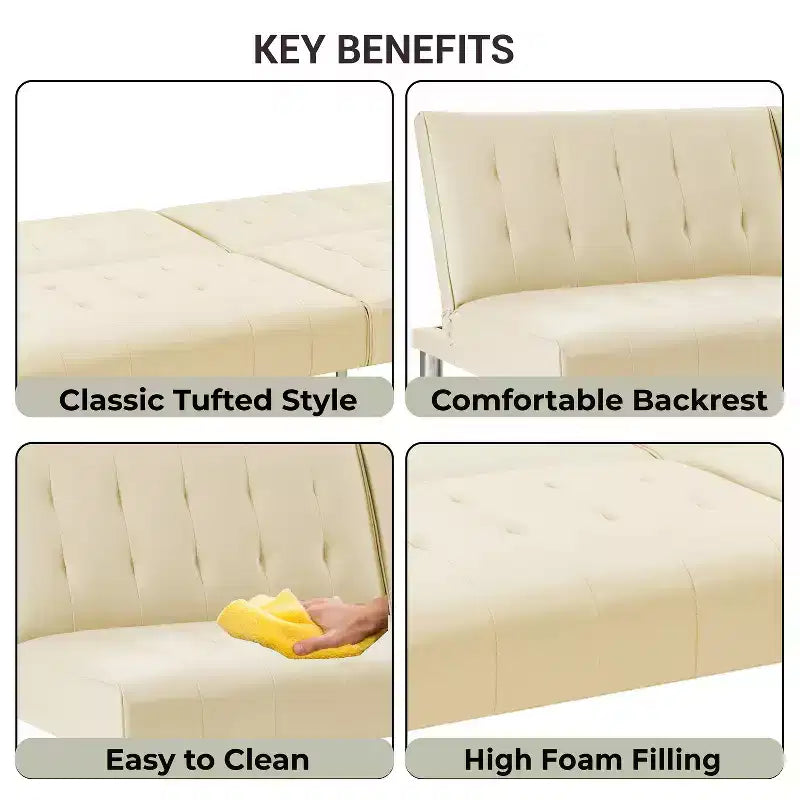 Divano Letto Futon trapuntato con schienale diviso, Divano Letto convertibile con gambe cromate