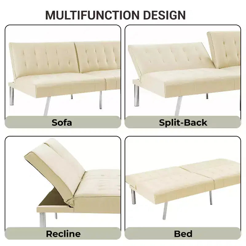 Divano Letto Futon trapuntato con schienale diviso, Divano Letto convertibile con gambe cromate