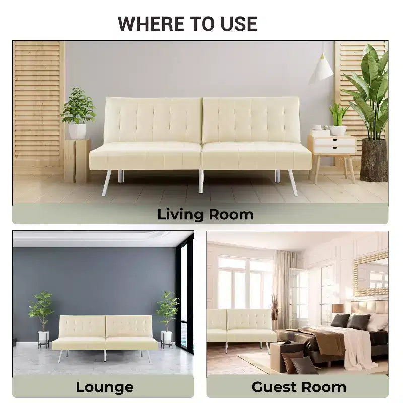 Divano Letto Futon trapuntato con schienale diviso, Divano Letto convertibile con gambe cromate