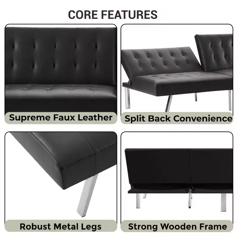Divano Letto Futon trapuntato con schienale diviso, Divano Letto convertibile con gambe cromate